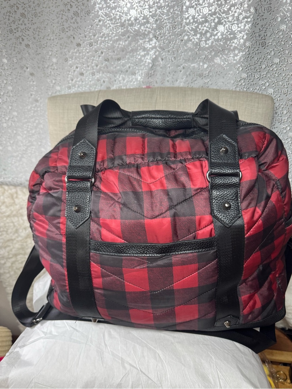 Tommy Bahama Quilted Red and Black Check Travel Duffel Bag Nylon